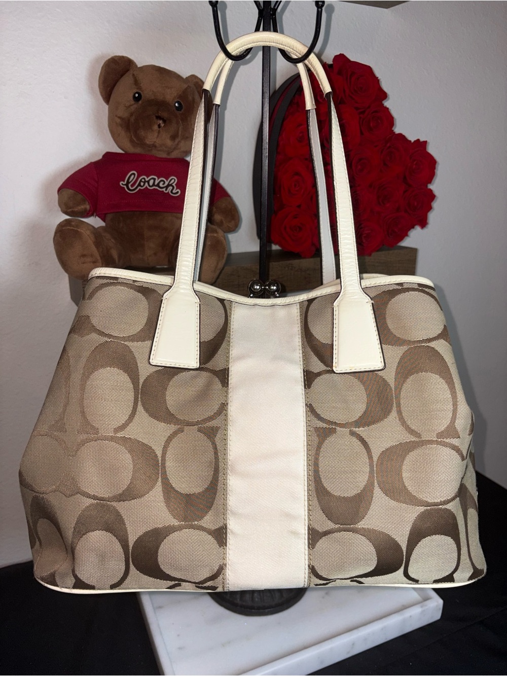 Coach Beige and Brown Signature Canvas Shoulder Bag